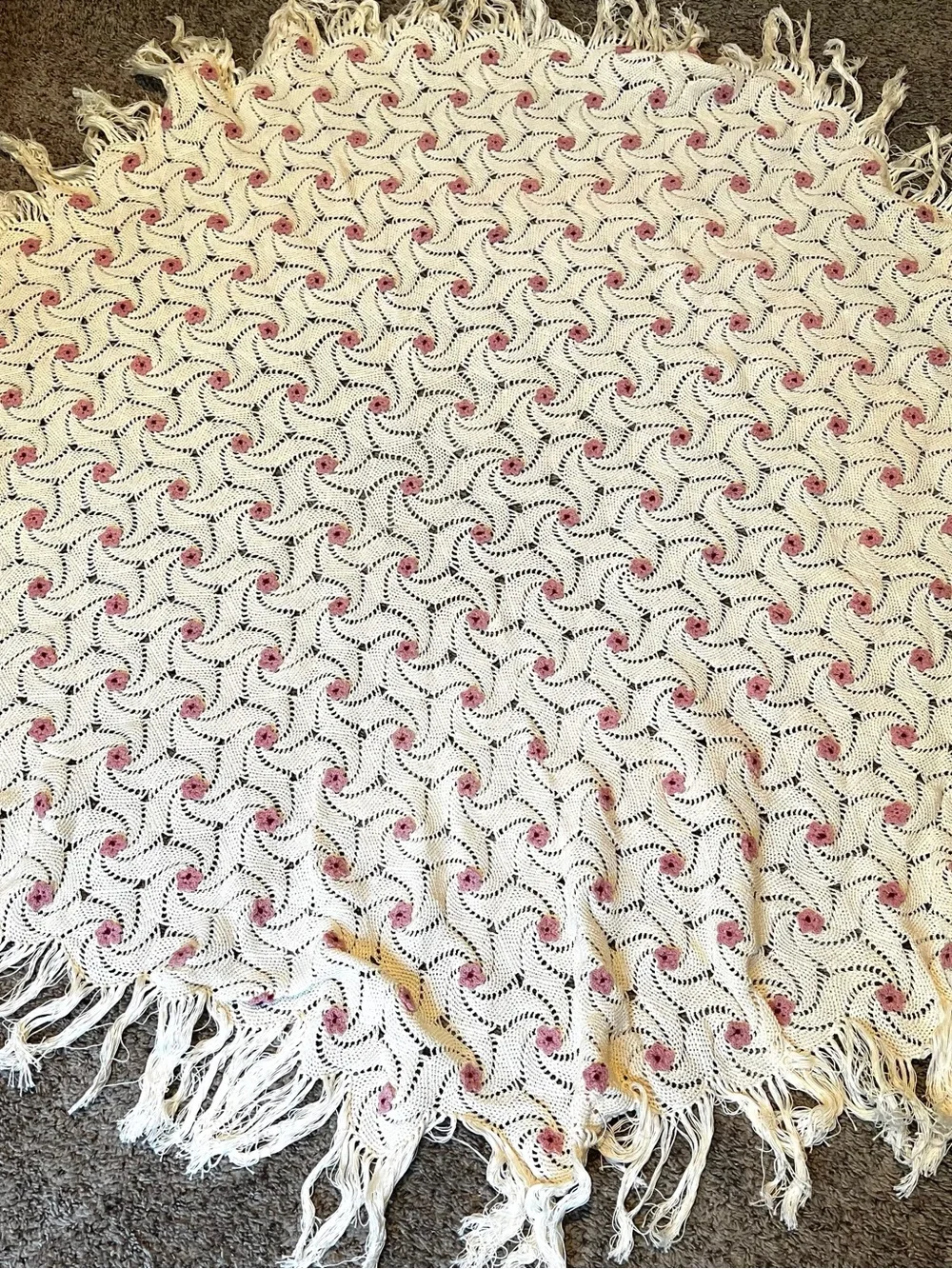 Vintage Hand Crochet Knit Round Throw Blanket or Table Cloth 54